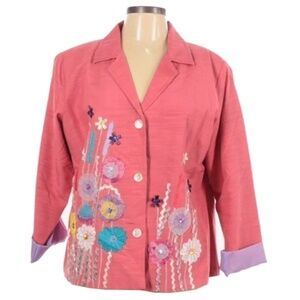 FLORAL Ribbon Art Appliqué Jacket  Rayon Cotton Blend Boho Bohemian NWOT